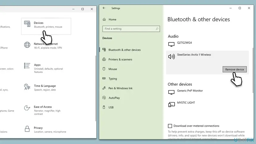 Windows 10 Settings with Devices opened and the Bluetooth & other devices page where a SteelSeries Arctis 1 Wireless headset is selected and Remove device is clicked