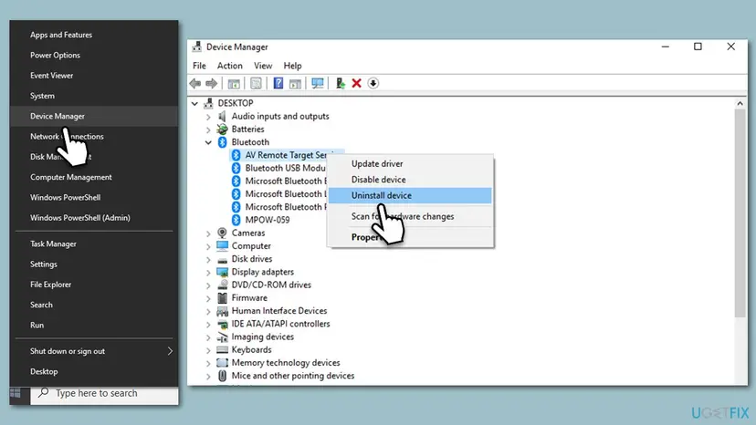 Windows 10 Start button menu with Device Manager selected and Device Manager with the Bluetooth category expanded and Uninstall device highlighted in the right-click menu