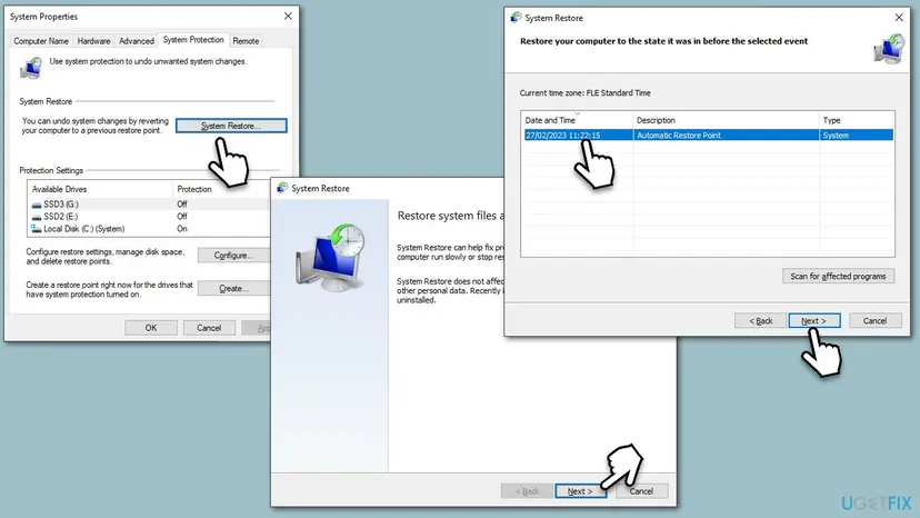 System Properties with the System Protection tab and System Restore button, followed by the System Restore wizard listing an automatic restore point and the Next button