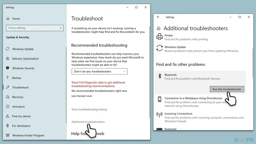 Windows 10 Troubleshoot page with the Additional troubleshooters link and the list where Bluetooth is selected and Run the troubleshooter is clicked
