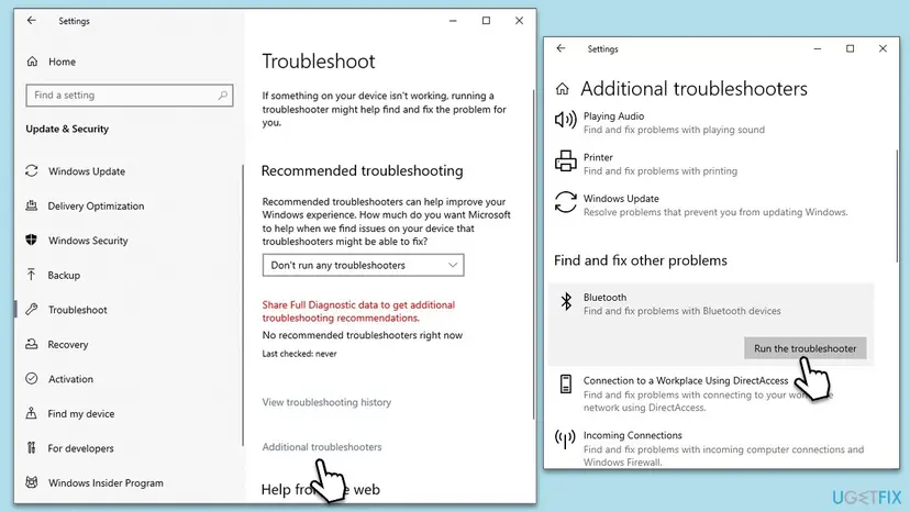Windows 10 Settings Troubleshoot page with Additional troubleshooters and the Bluetooth entry with the Run the troubleshooter button