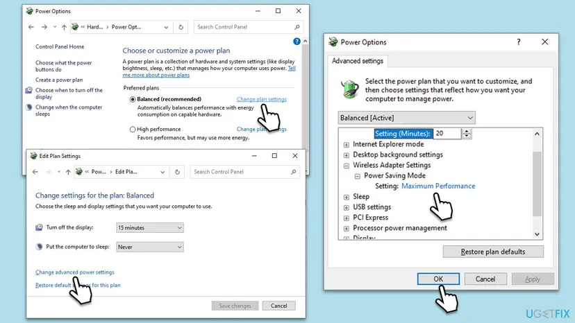 Power Options with Change plan settings, Edit Plan Settings with Change advanced power settings, and the Advanced settings list with USB settings below Sleep