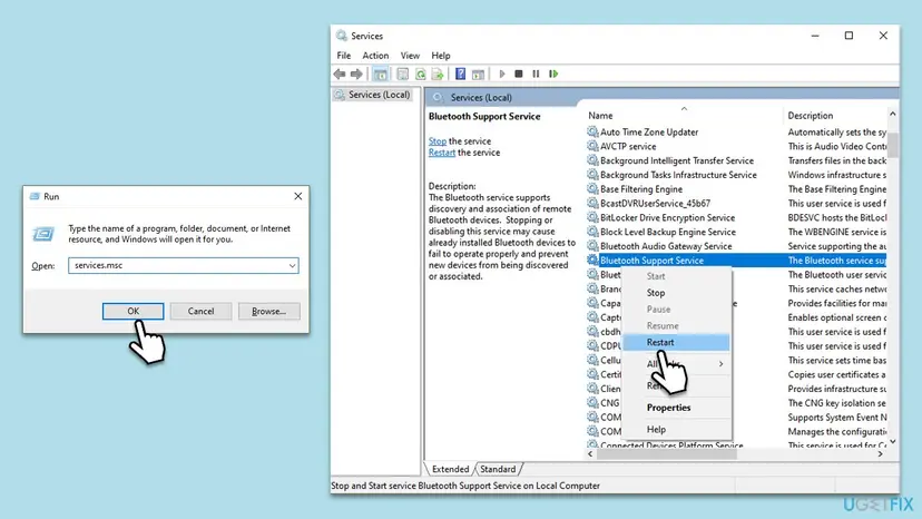 Run dialog with services.msc typed and the Services window with Bluetooth Support Service right-clicked and Restart selected