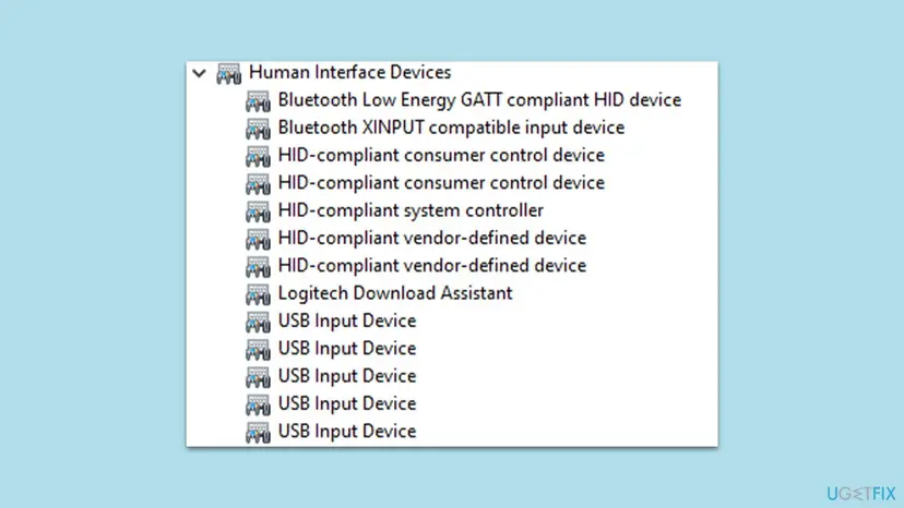 Device Manager with Human Interface Devices expanded, showing Bluetooth Low Energy GATT compliant HID device and Bluetooth XINPUT compatible input device at the top