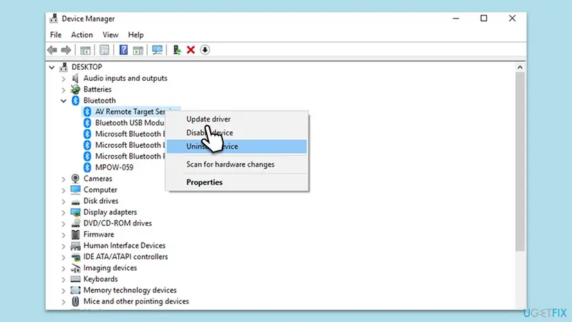 Device Manager with the Bluetooth category expanded and a Bluetooth entry right-clicked, showing Update driver, Disable device and Uninstall device