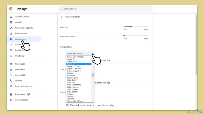 Chrome Customize fonts page with the Standard font list open and Segoe UI highlighted, plus the Font size and Minimum font size sliders