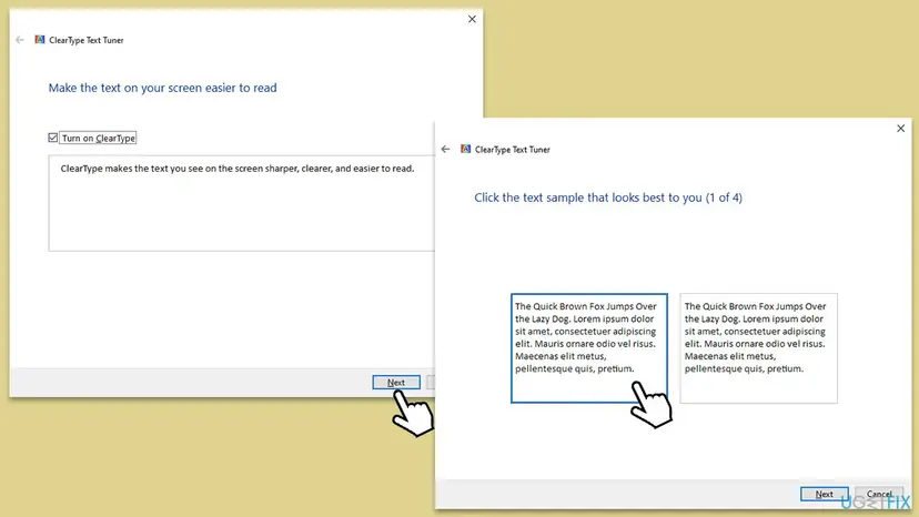 ClearType Text Tuner windows on Windows 10 with the Turn on ClearType box ticked and the screen Click the text sample that looks best to you (1 of 4)