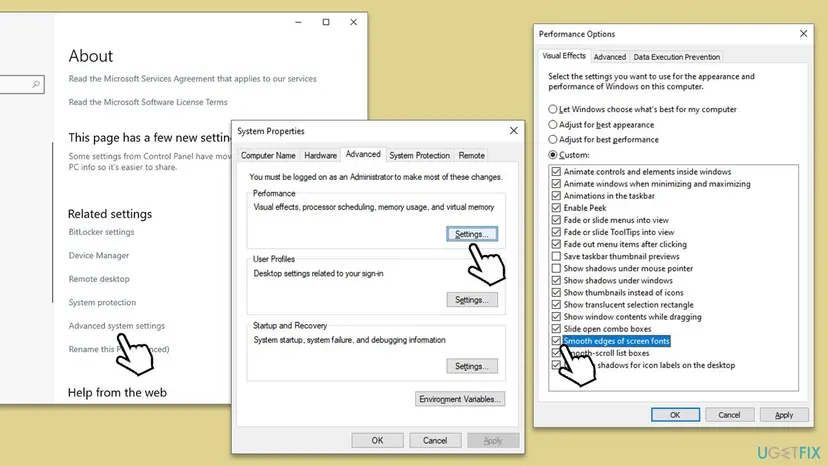 System Properties Advanced tab and the Performance Options window with Smooth edges of screen fonts ticked on the Visual Effects tab