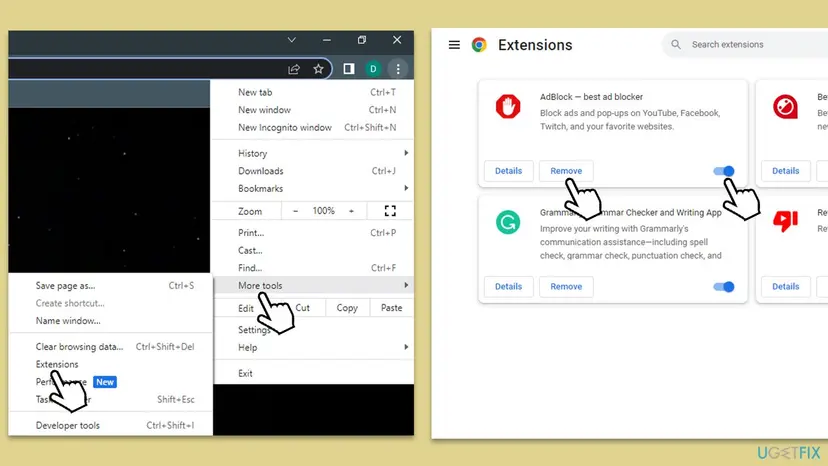 Chrome menu with More tools and Extensions selected, and the Extensions page with Remove buttons and on and off switches on each card