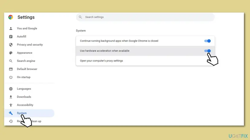 Chrome Settings with the System page open and the switch Use hardware acceleration when available turned on