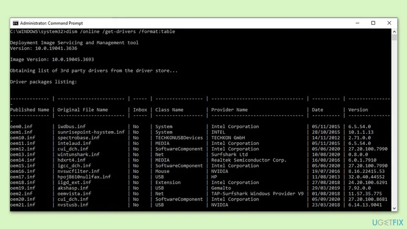 Administrator Command Prompt showing dism /online /get-drivers /format:table with Published Name, Original File Name and Provider Name columns of third-party drivers