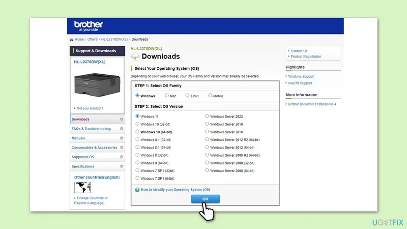 Brother HL-L2370DW downloads page with Windows selected as OS family and Windows 11 selected as OS version