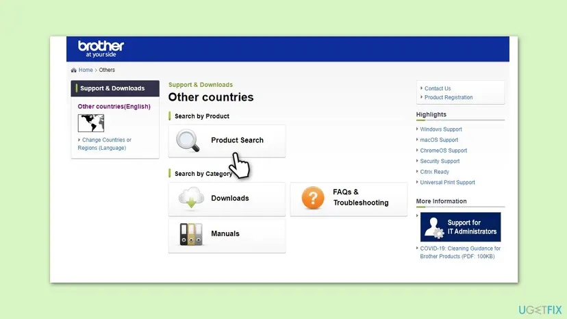 Brother Support and Downloads page with the Product Search, Downloads, FAQs and Troubleshooting and Manuals tiles