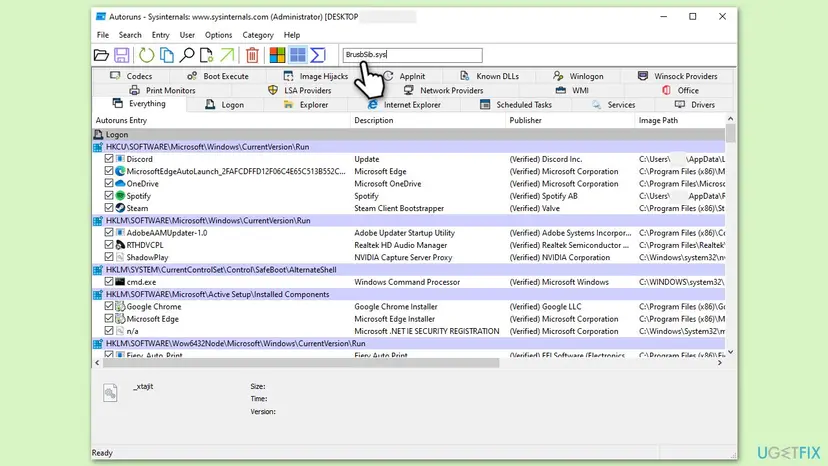 Autoruns running as administrator with BrusbSib.sys typed into the filter box above the Everything tab