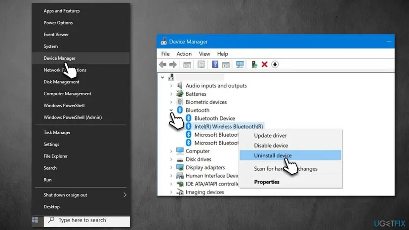 Device Manager open showing Bluetooth devices and context menu with Uninstall device