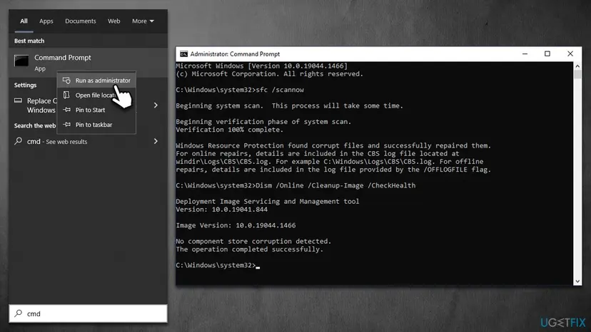Command Prompt running SFC and DISM scans alongside Windows search menu