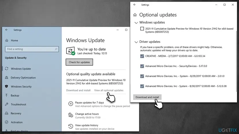 Windows Update and Optional updates settings windows showing driver updates selected