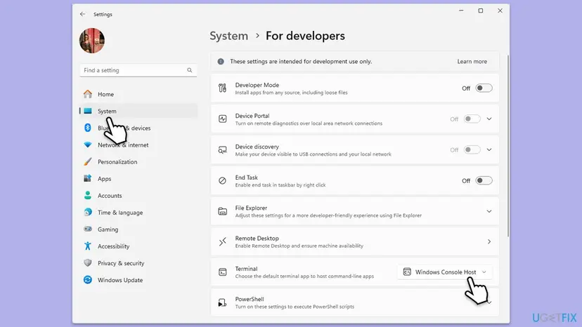 Windows 11 Settings, System, For developers page with the Terminal setting set to Windows Console Host in its drop-down menu