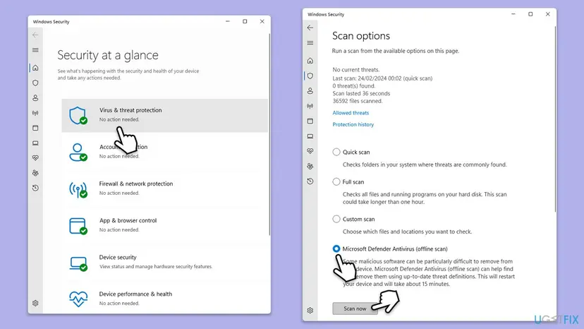 Windows Security with Virus and threat protection selected and the Scan options page with Microsoft Defender Antivirus offline scan chosen and the Scan now button