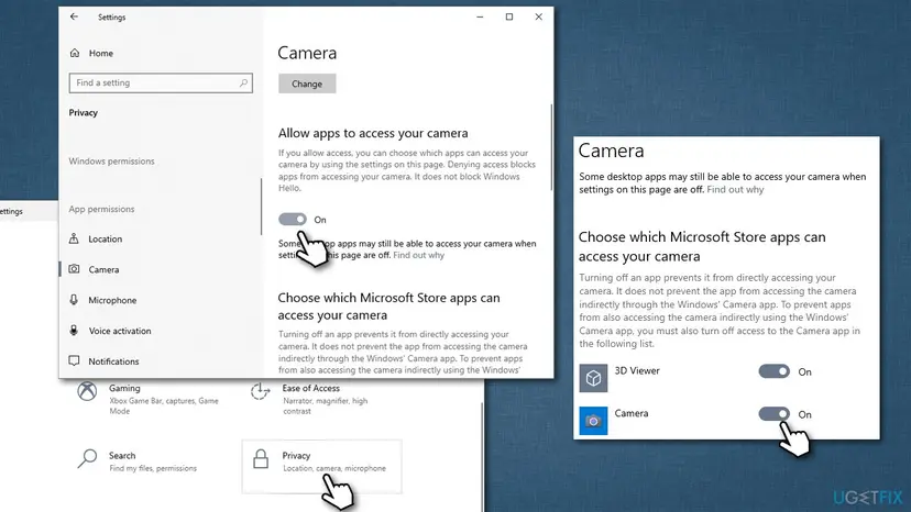 Windows 10 Settings at Privacy, Camera with the Allow apps to access your camera switch on and the Camera app switched on in the list of Microsoft Store apps