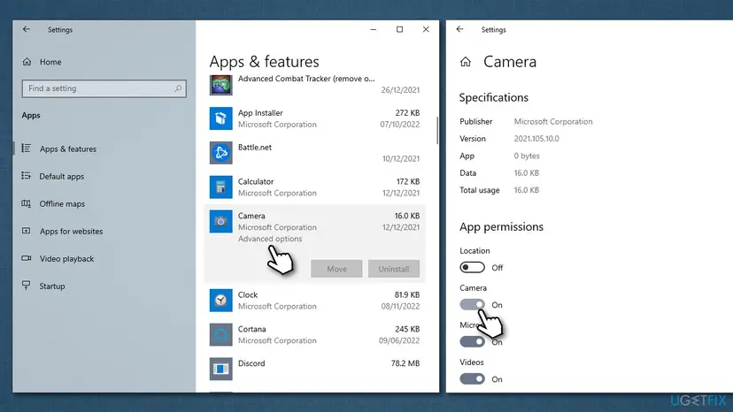 Windows 10 Apps and features with the Camera app's Advanced options open and the Camera switch on under App permissions