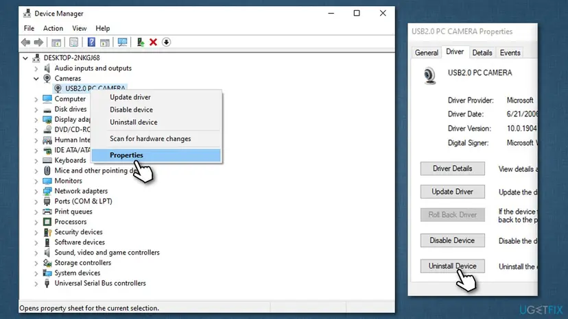 Device Manager with a USB2.0 PC Camera under Cameras, its right-click menu with Properties, and the Driver tab with Roll Back Driver and Uninstall Device