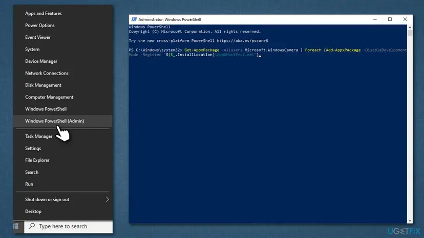 Administrator Windows PowerShell window with the Get-AppxPackage Microsoft.WindowsCamera re-register command typed at the prompt, opened from the Start right-click menu