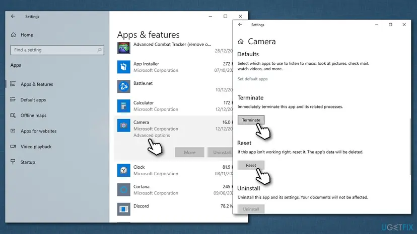 Windows 10 Apps and features with the Camera app's Advanced options showing the Terminate and Reset buttons
