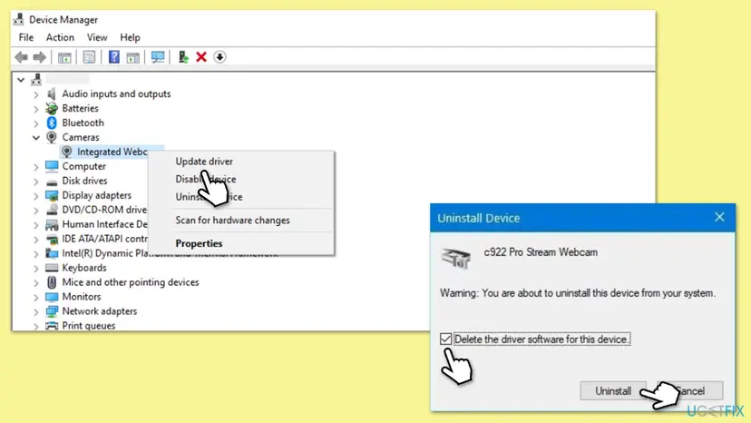 Device Manager with Integrated Webcam under Cameras and the Uninstall Device dialog with Delete the driver software for this device ticked