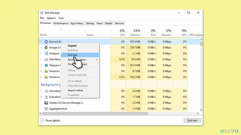 Task Manager Processes tab with Discord right-clicked and End task selected in the menu, Google Chrome and Telegram also running