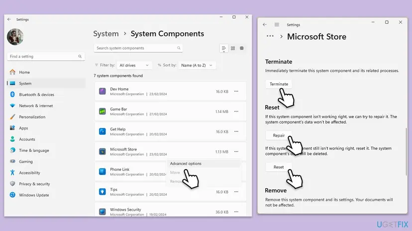 Windows 11 Settings, System Components list with Advanced options for Microsoft Store, and the Store page with Terminate, Repair and Reset buttons