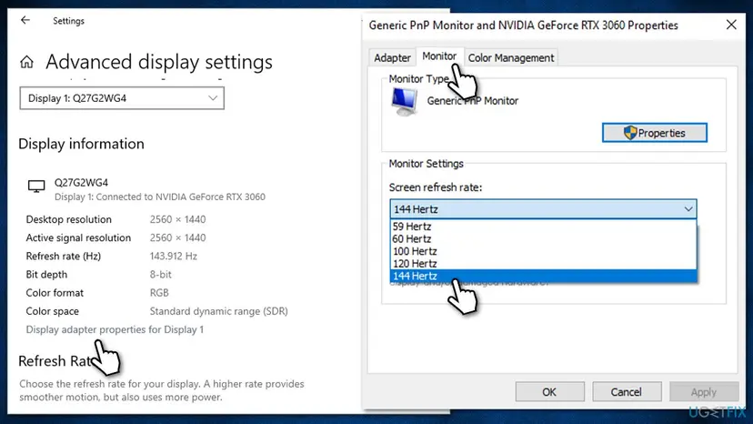 Display adapter properties for Display 1 opened from Advanced display settings, Monitor tab with Generic PnP Monitor and the Screen refresh rate list from 59 to 144 Hertz