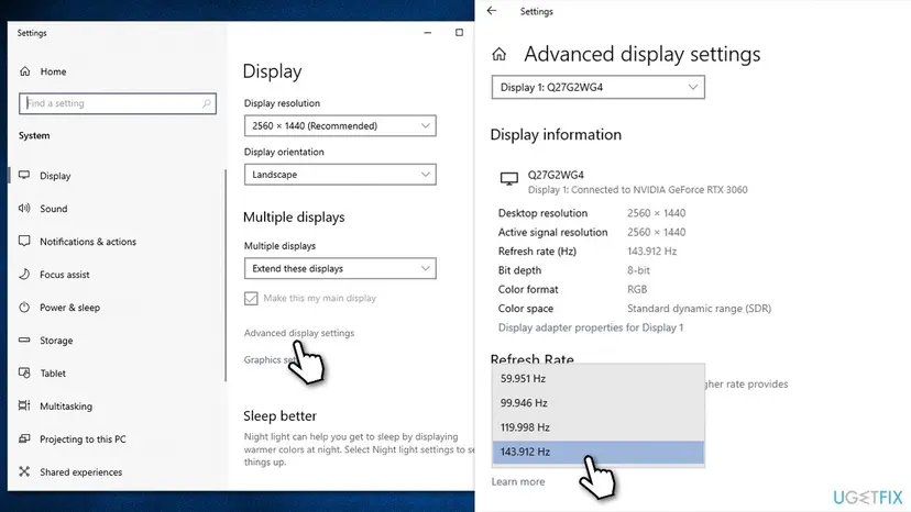 Windows 10 Display settings with Advanced display settings selected, and the Refresh Rate list open with 59.951, 99.946, 119.998 and 143.912 Hz