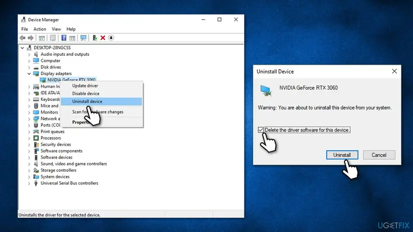 Device Manager with Display adapters expanded, Uninstall device in the right-click menu of an NVIDIA GeForce RTX 3060, and the Uninstall Device dialog