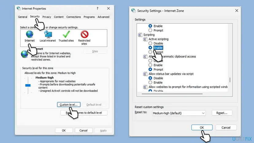 Internet Properties Security tab with the Internet zone selected and the Security Settings Internet Zone window with Active scripting set to Enable