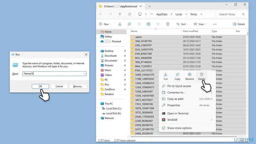 Run dialog with %temp% typed and File Explorer showing the AppData Local Temp folder with all items selected and Delete in the context menu