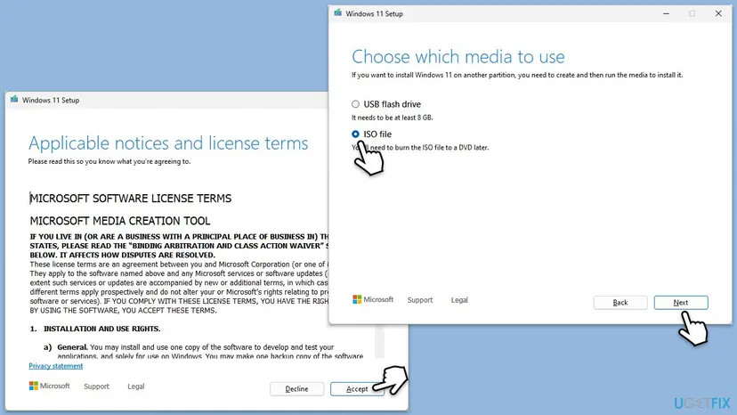 Windows 11 Media Creation Tool screens with the license terms and the Choose which media to use page with ISO file selected
