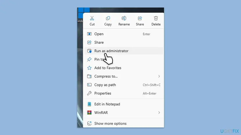 File Explorer right-click menu on the downloaded Installation Assistant file in Windows 11 with the Run as administrator entry highlighted