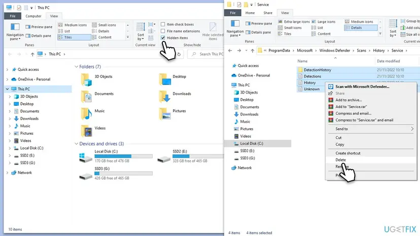 File Explorer with Hidden items turned on and the Service folder under ProgramData Microsoft Windows Defender Scans History showing DetectionHistory, Detections, History and Unknown