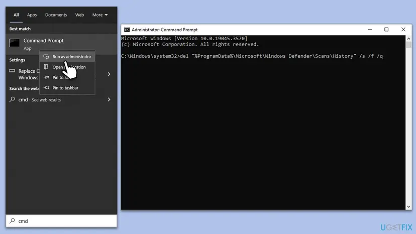 Windows search with Run as administrator on Command Prompt and an admin Command Prompt running del on the Windows Defender Scans History folder