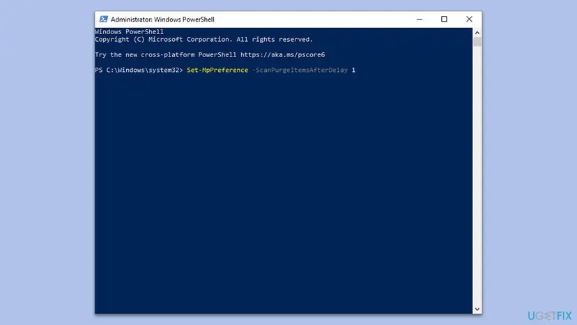 Administrator Windows PowerShell window with the command Set-MpPreference -ScanPurgeItemsAfterDelay 1 typed at the prompt