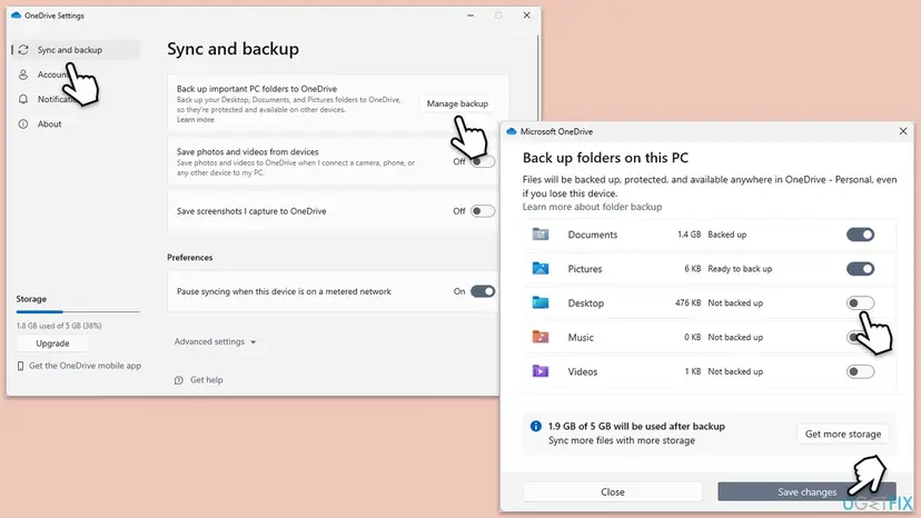 OneDrive Sync and backup settings with the Back up folders on this PC dialog open and folder switches visible