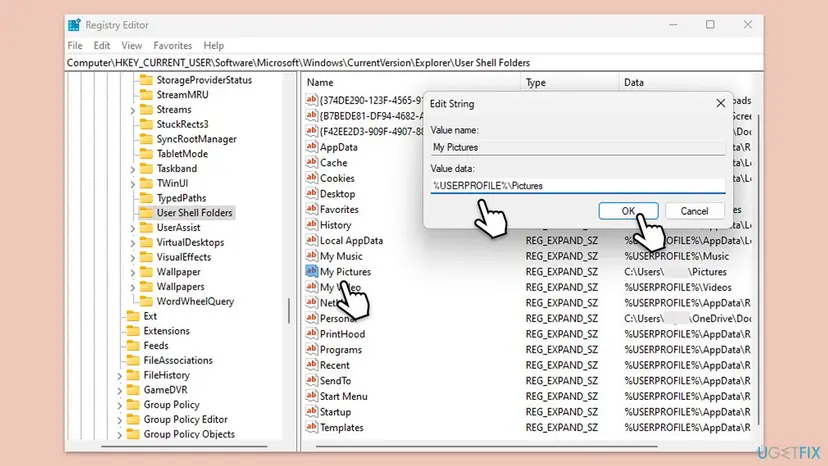 Registry Editor at User Shell Folders with the Edit String box for My Pictures set to the default Pictures path