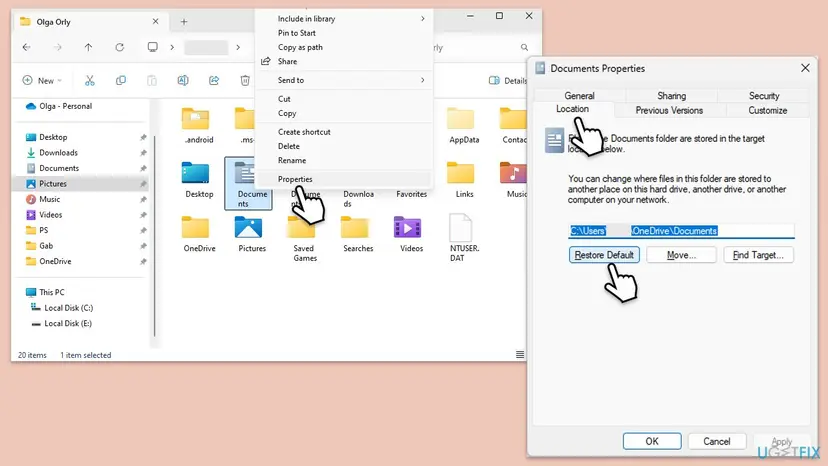 File Explorer with Documents Properties open on the Location tab and the Restore Default button highlighted