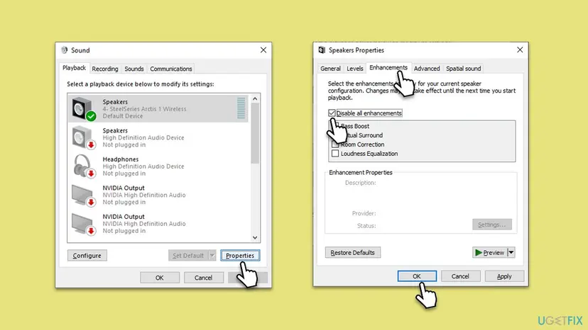 Sound window Playback tab with Properties selected and Speakers Properties Enhancements tab with Disable all enhancements ticked