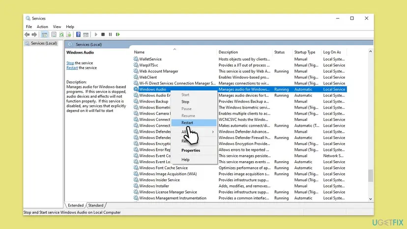 Services window with Windows Audio selected and the right-click menu open on Restart, Windows Audio Endpoint Builder listed below it