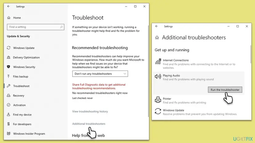 Windows 10 Settings Troubleshoot page and Additional troubleshooters with Playing Audio and its Run the troubleshooter button