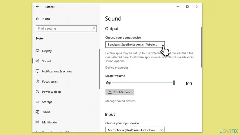 Windows 10 Settings, System, Sound page with the Choose your output device list open on a SteelSeries Arctis 1 Wireless headset