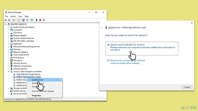 Device Manager with Sound, video and game controllers expanded, Update driver selected on an audio device and the Search automatically for drivers option