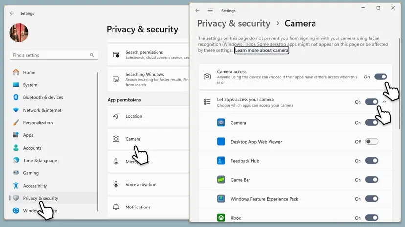 Windows 11 Settings at Privacy and security, Camera with Camera access, Let apps access your camera and the Camera app switched on
